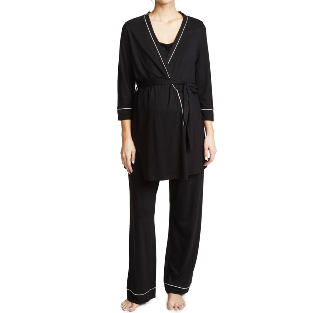 Cosabella Black Robe & Pajama Set with White Piping